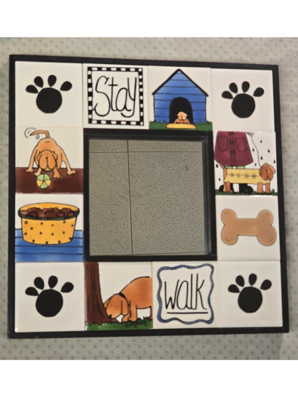Nancy DeYoung Studio Dog Tile Art Frame Stay Walk Paw Print Mirror 12.5”